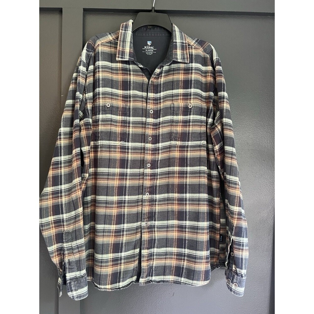 Kuhl Mens XL Flannel Shirt Plaid Gray Orange Long Sleeve Outdoor Hiking Workwear